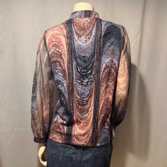 70s Mod Print Boho Blouse Neru Collar V Neck Semi Sheer Sleeves Sz L Made in USA - Picture 5 of 6